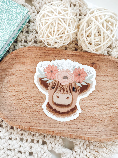 Cute Cow with Floral Crown Sticker | Cottagecore Vinyl Die-Cut