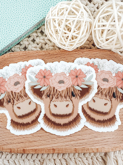 Cute Cow with Floral Crown Sticker | Cottagecore Vinyl Die-Cut