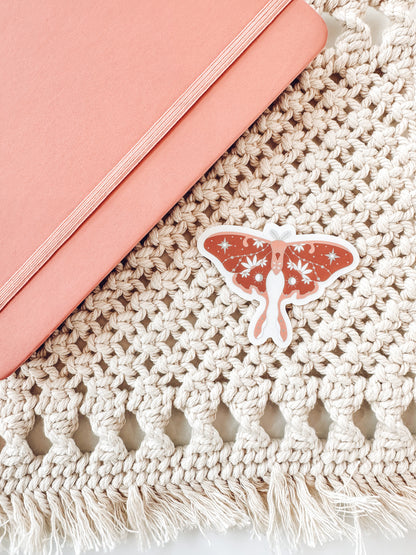 Terracotta Luna Moth Sticker | Earthy Vinyl Die-Cut | Water Bottle & Journal Decal