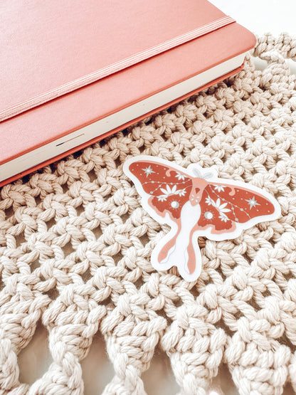 Terracotta Luna Moth Sticker | Earthy Vinyl Die-Cut | Water Bottle & Journal Decal