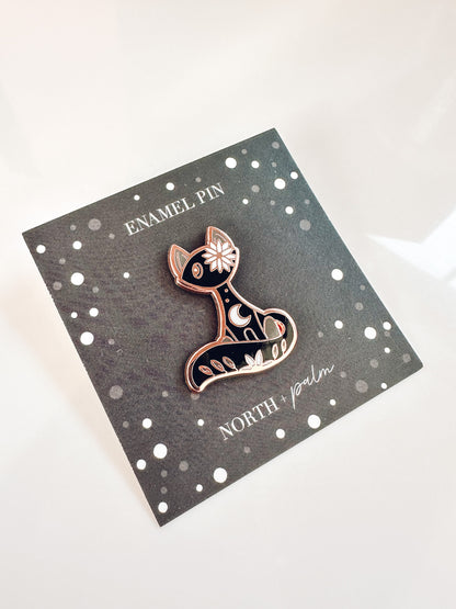 Black Cat Enamel Pin | Rose Gold Hard Enamel Pin | Witchy Cat Lover Pin