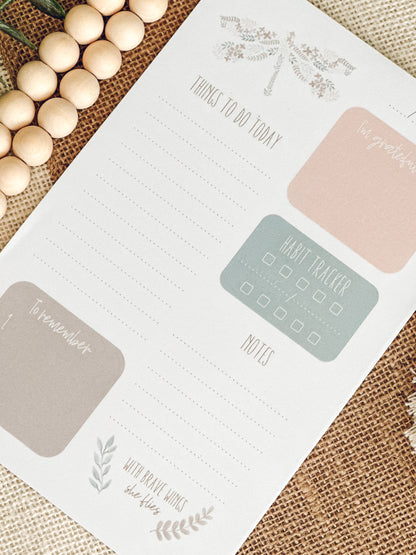 Dragonfly Daily Planner Notepad | Floral Illustrated To-Do List