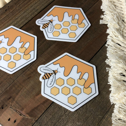 Hexagon Honey Bee Sticker | Nature Vinyl Die-Cut | Water Bottle & Laptop Decal