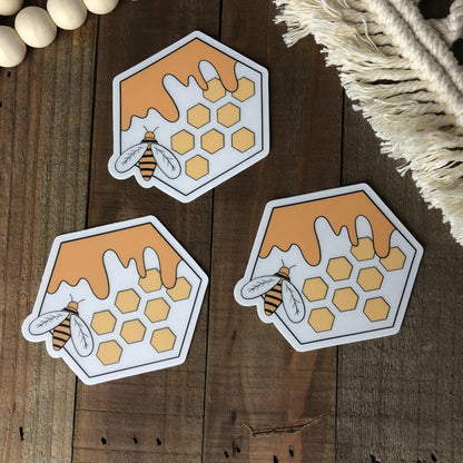 Hexagon Honey Bee Sticker | Nature Vinyl Die-Cut | Water Bottle & Laptop Decal